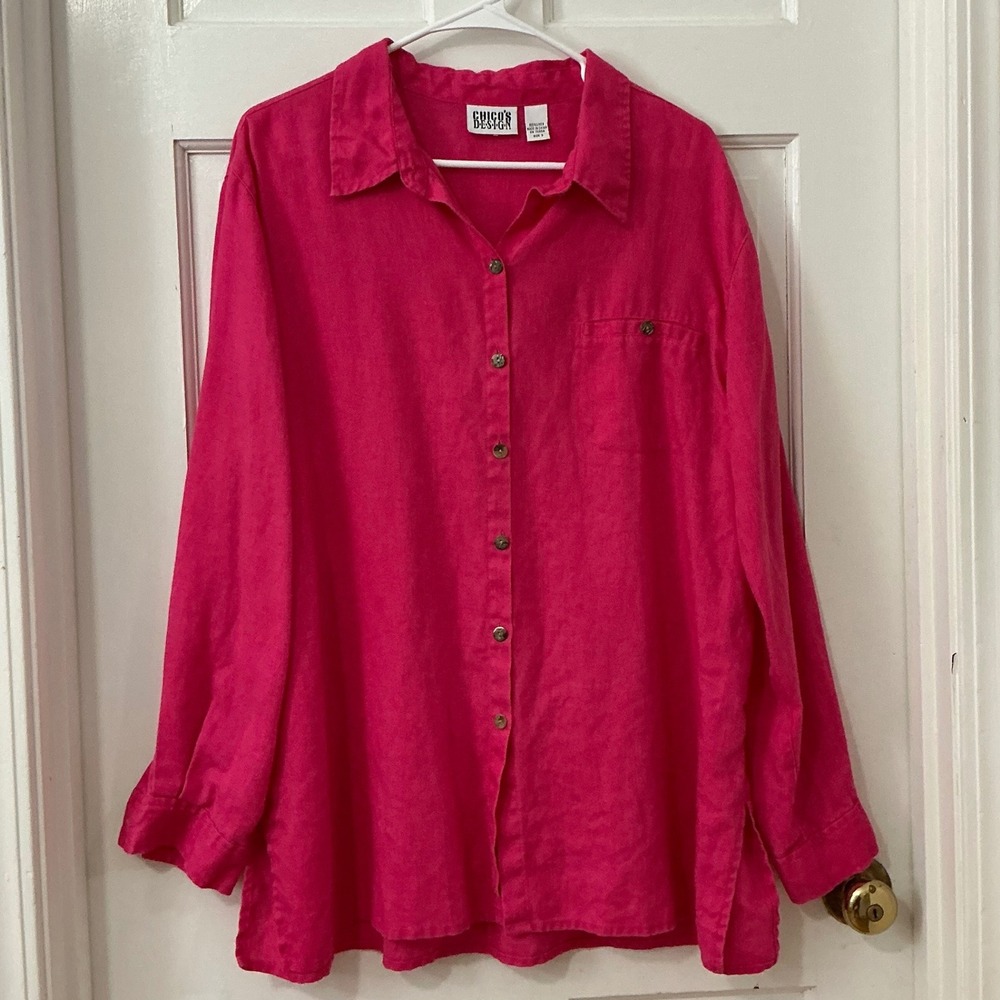 Chicos Design 100% Linen Shirt XL 3 Pink Button Up Relaxed Fit Resort Coastal